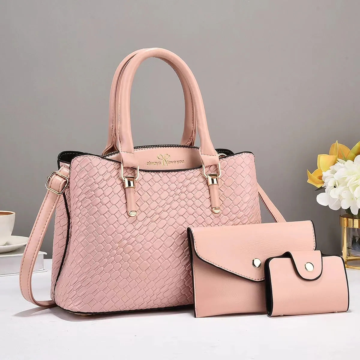Woven texture PU one shoulder bag set in black with vertical square shape and sandwich pocket