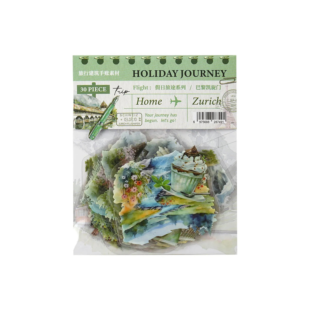 Holiday Journey Series retro architecture journal stickers showing seven global landmark designs.