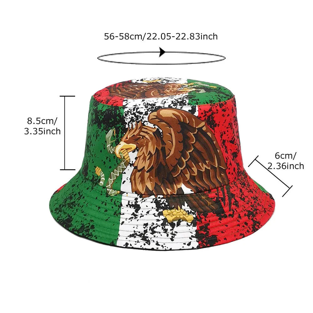 Retro-style bucket hat with eagle pattern, dome crown, in polyester fabric.
