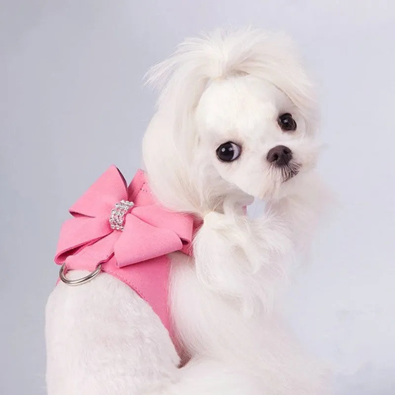 Cute fashion bowknot puppy chest strap harness in microfiber, shown in pink, blue, and orange colour options.