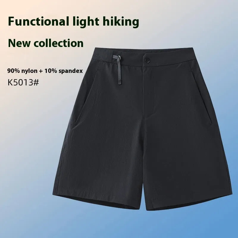 Men's khaki quick-drying sports shorts with elastic waist and 3D cut design for running and outdoor activities.