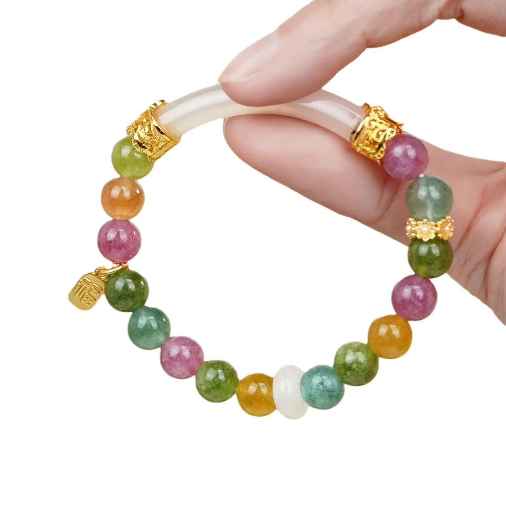 Natural rainbow colour tourmaline half bracelet for women with electroplated finish.