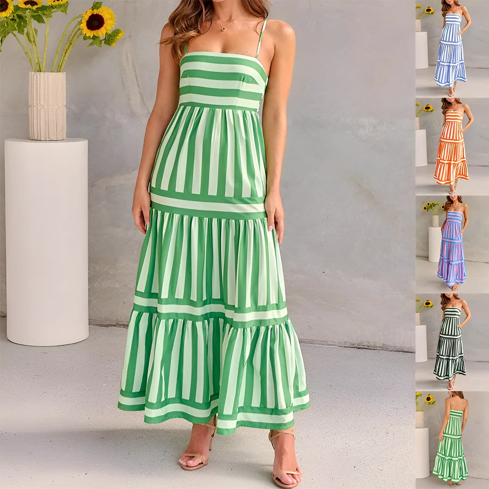 Women's striped printed suspender long dress with square neck, backless design, and side pockets.