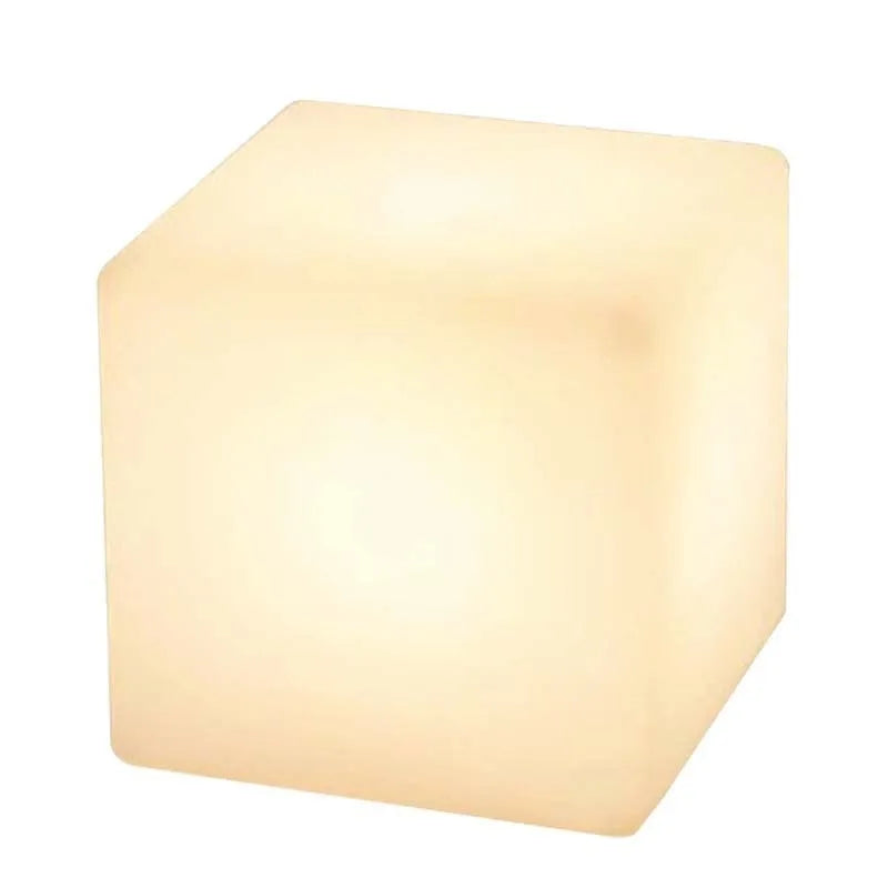 Modern square LED cube light stool in outdoor setting showing waterproof IP65 design