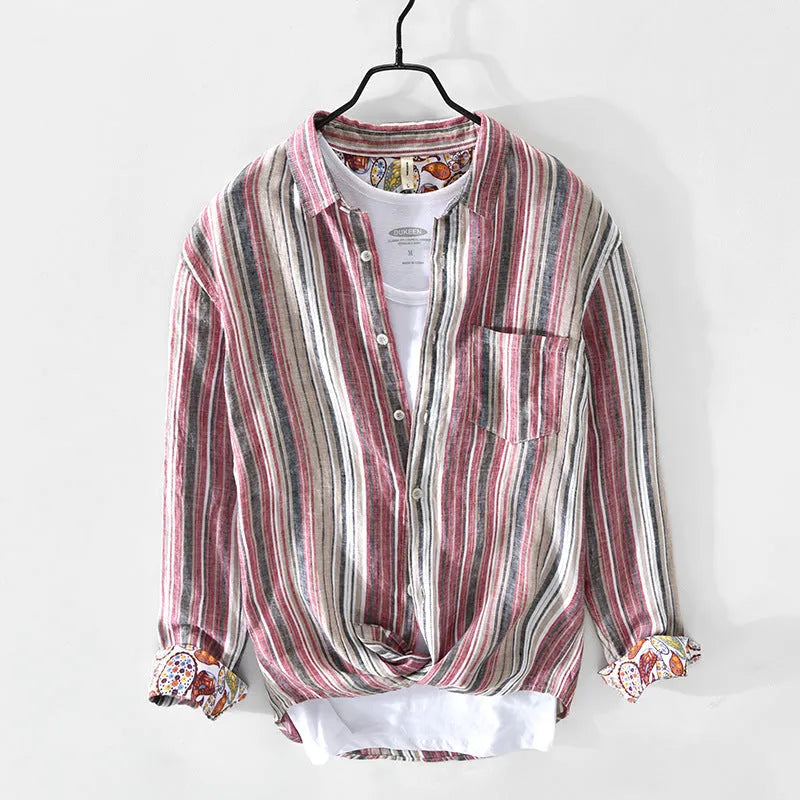 Men's casual striped linen shirt with long sleeves in loose fit for summer wear