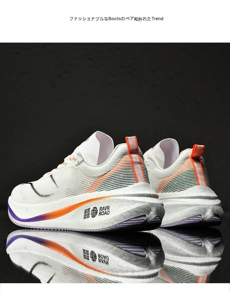 Unisex breathable shockproof running shoes in orange and white with striped pattern and rubber sole