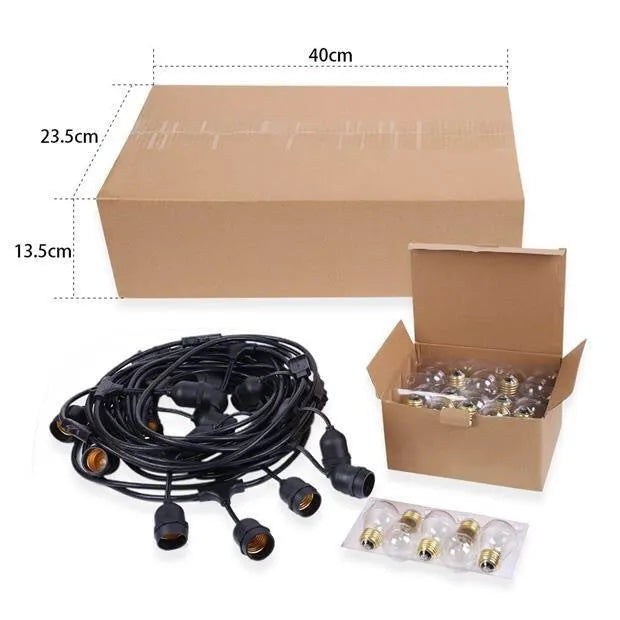 Black decorative light string showing 15 metre version with bulbs and 5 metre customisable option
