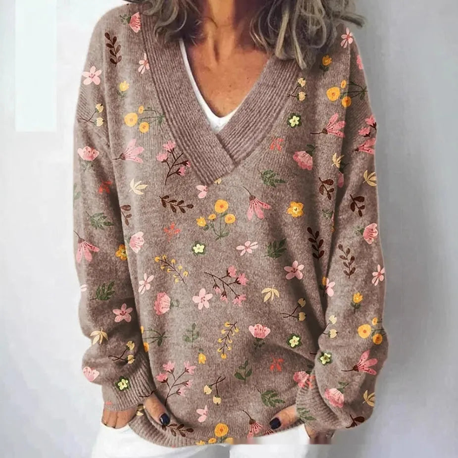 Women's floral printed sweatshirt with 3D pattern effect, V-neck pullover style in wool woven polyester fabric