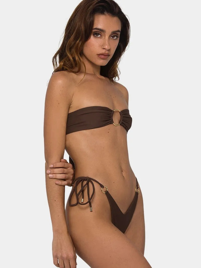 Brown women's tube-top bikini swimsuit with ring-tether detailing and push-up design