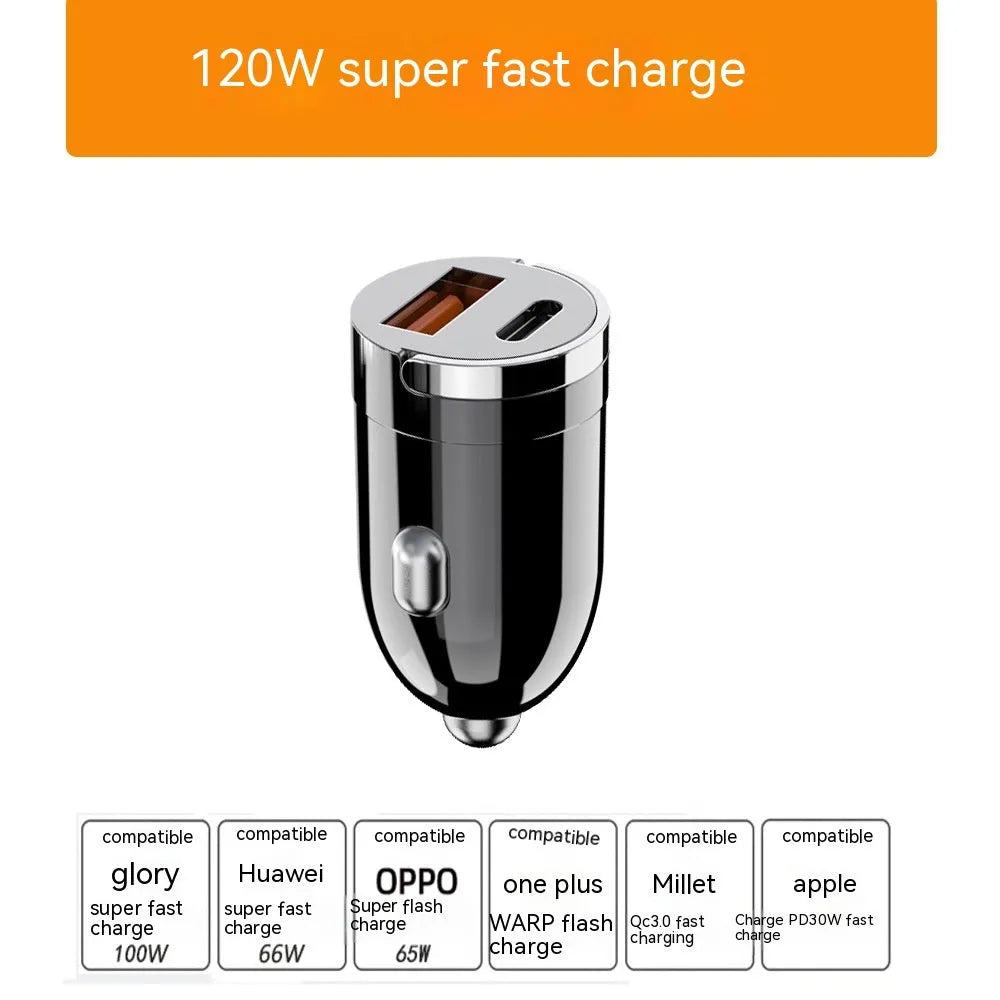 Black zinc alloy 200W car charger showing USB ports and compact design