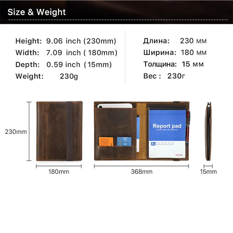 Brown Crazy Horse leather A5 notebook protective sleeve with square pocket design