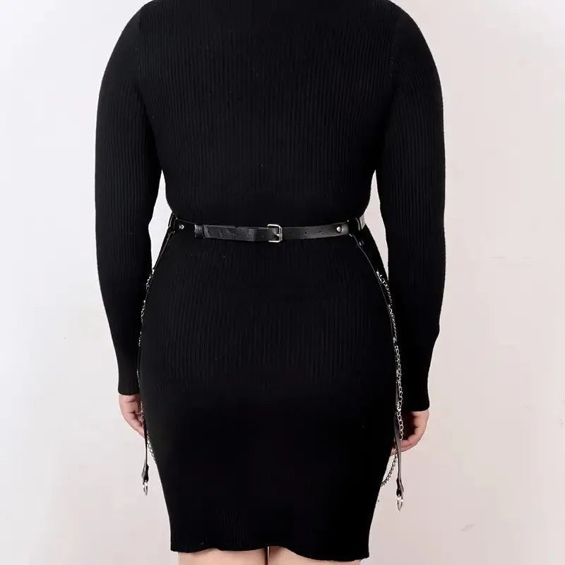 Black PU leather waist chain with bandage binding design for women's waist jewellery accessory