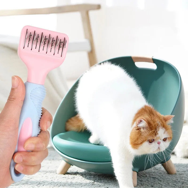 Stainless steel dog grooming comb with brush, knot knife and massage function in pink or purple