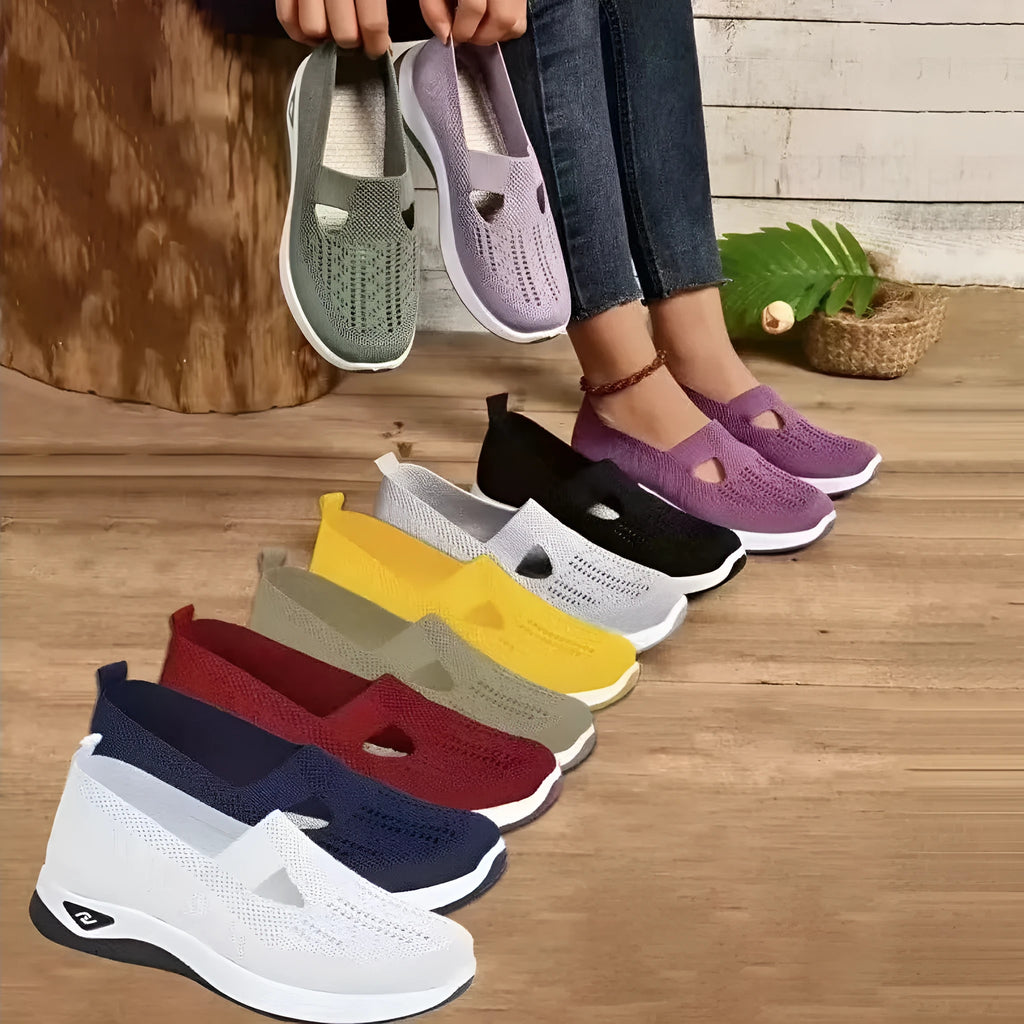 Women's casual mesh shoes with T-strap in various colours showing round toe and flat heel design