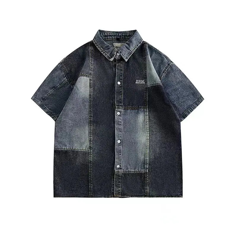 Men's blue Japanese-style retro washed denim shirt with loose cardigan fit and classic stitching detail