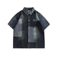 Men's blue Japanese-style retro washed denim shirt with loose cardigan fit and classic stitching detail