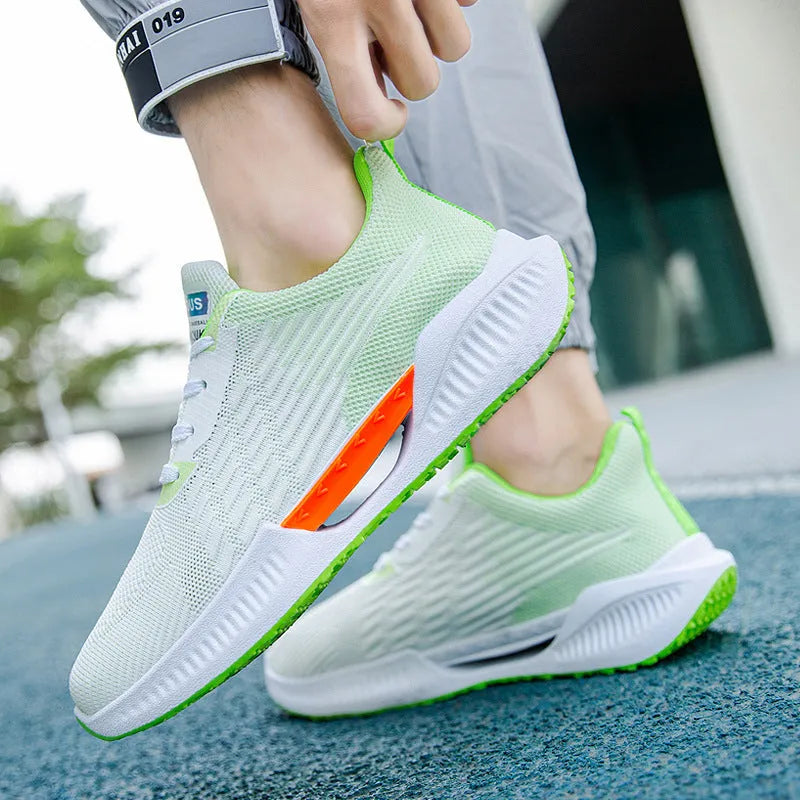 Men's blue casual sports mesh shoes with cloth upper and round toe on a wear-resistant plastic sole