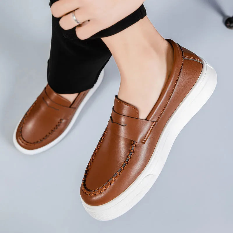 Men's round toe casual shoes in white, black and white, and khaki colours with a PU upper.