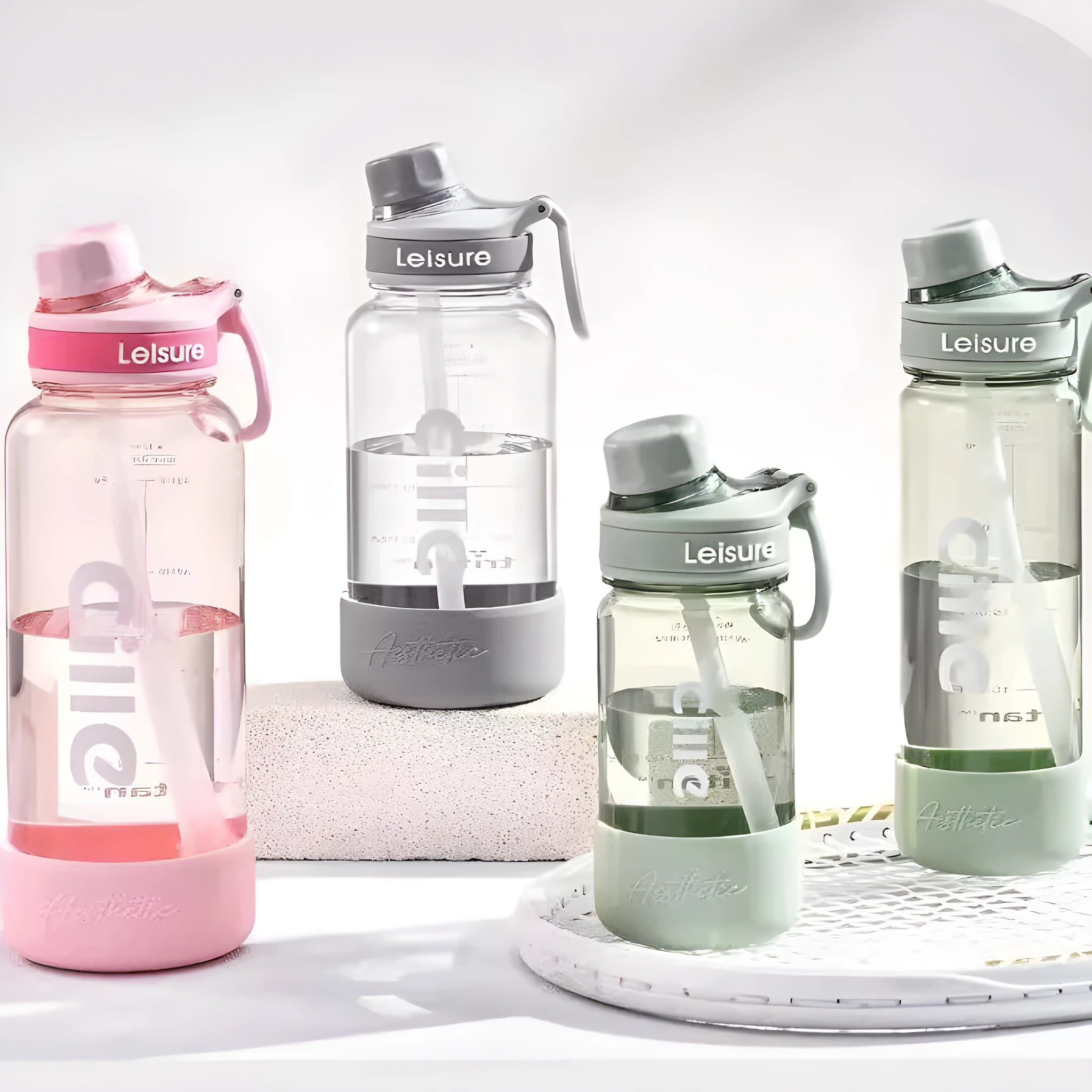 Reusable plastic drinking cup with straw in grey green pink colours with 520ml 780ml 1000ml capacity options