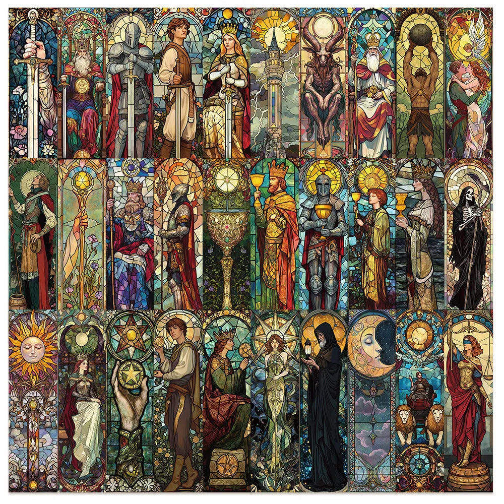 Set of 30 painted glass tarot themed cute style paper bookmarks laid out on a surface