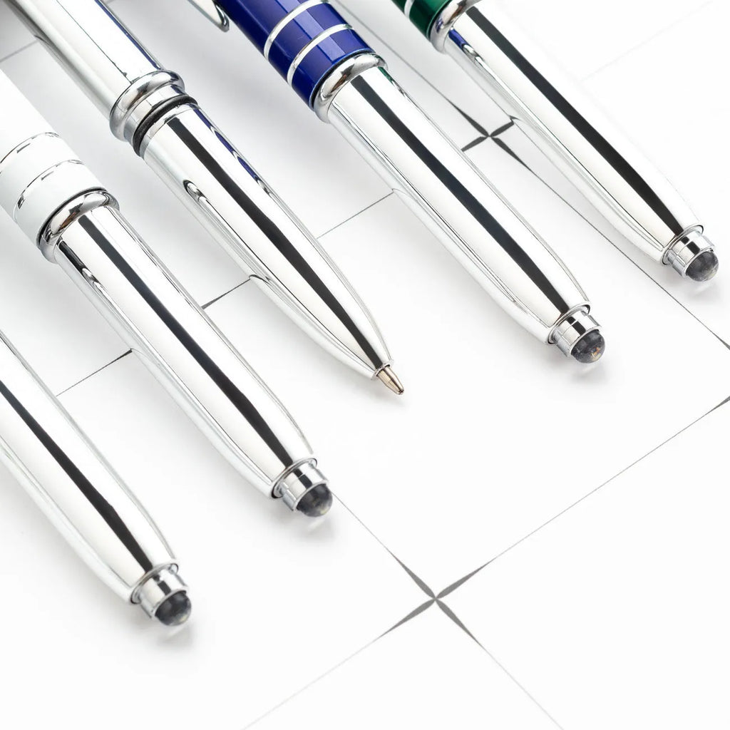 Metal capacitive stylus ballpoint pen with LED light in multiple colour options