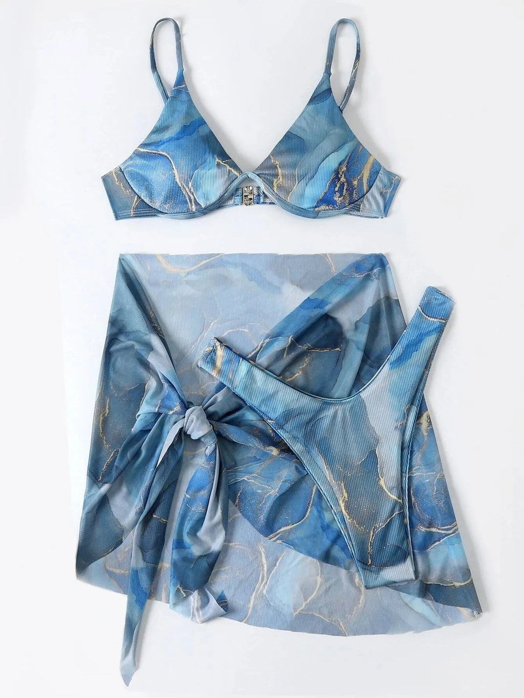 Women's marble print 3 piece bikini set with matching skirt, bra, and panties in polyester swimwear fabric
