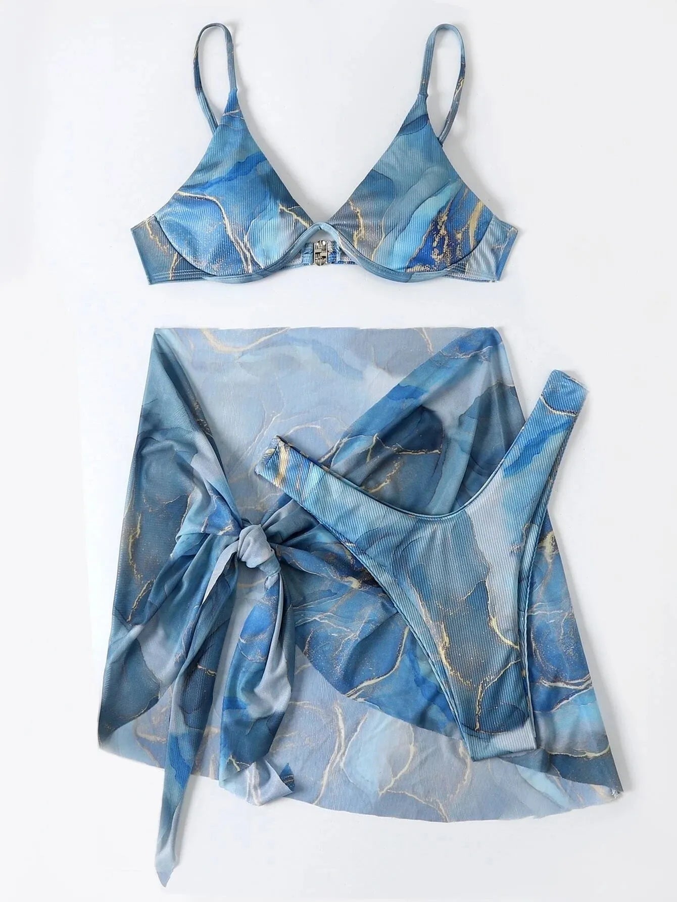 Women's marble print 3 piece bikini set with matching skirt, bra, and panties in polyester swimwear fabric