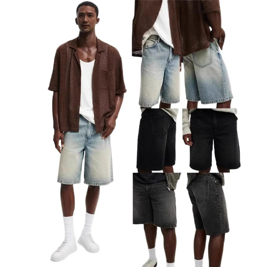 Men's loose fit straight leg jeans in light blue cotton denim fabric