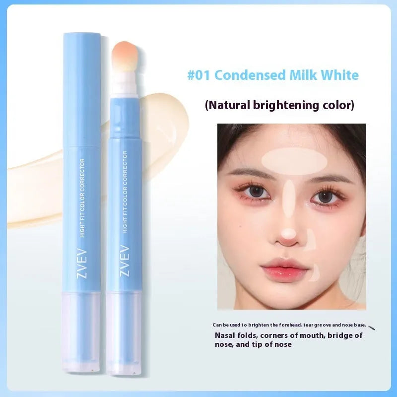 Concealer pen with sponge brush head applicator shown in brightening, pink, and natural flesh colour shades.