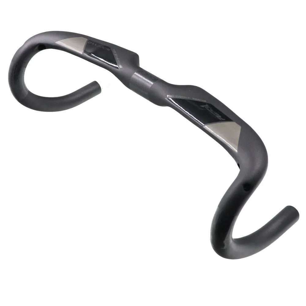 Matt black carbon fibre bent road bicycle handlebar shown from above.