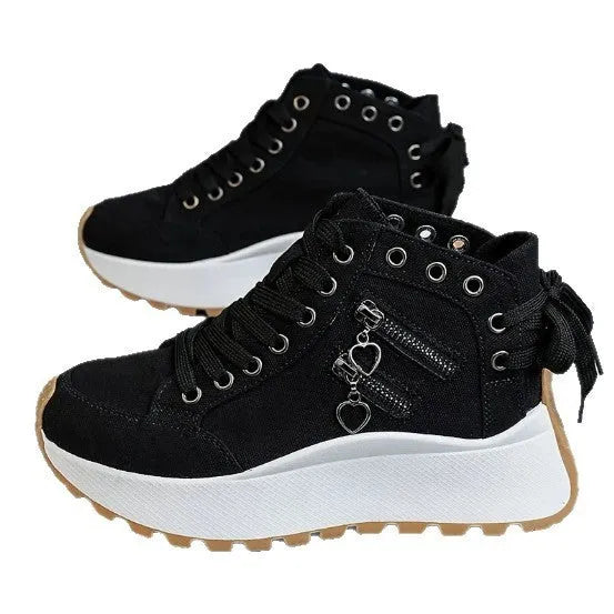 Women's high-top platform shoes in black artificial PU with round toe and lace-up design.