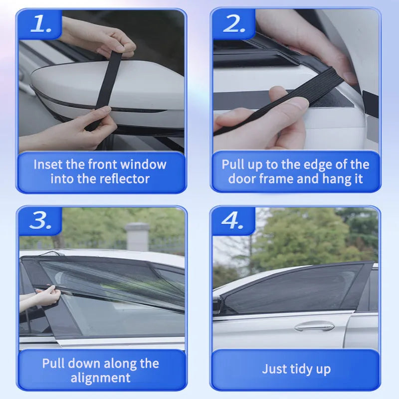Set of four grey non-woven fabric mesh screens for car front and rear side windows