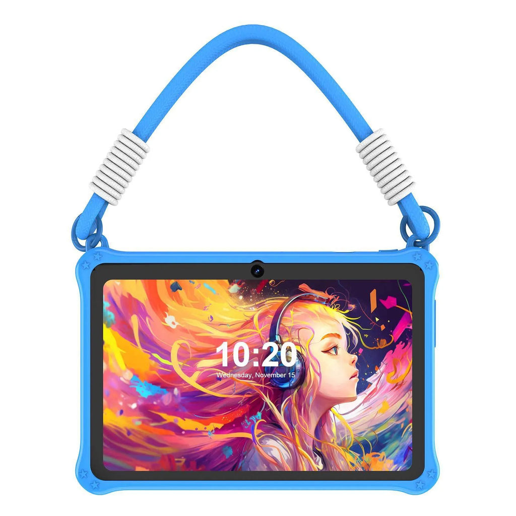 7-inch children's silicone protective tablet case with flat strap in sapphire blue and dark pink colours