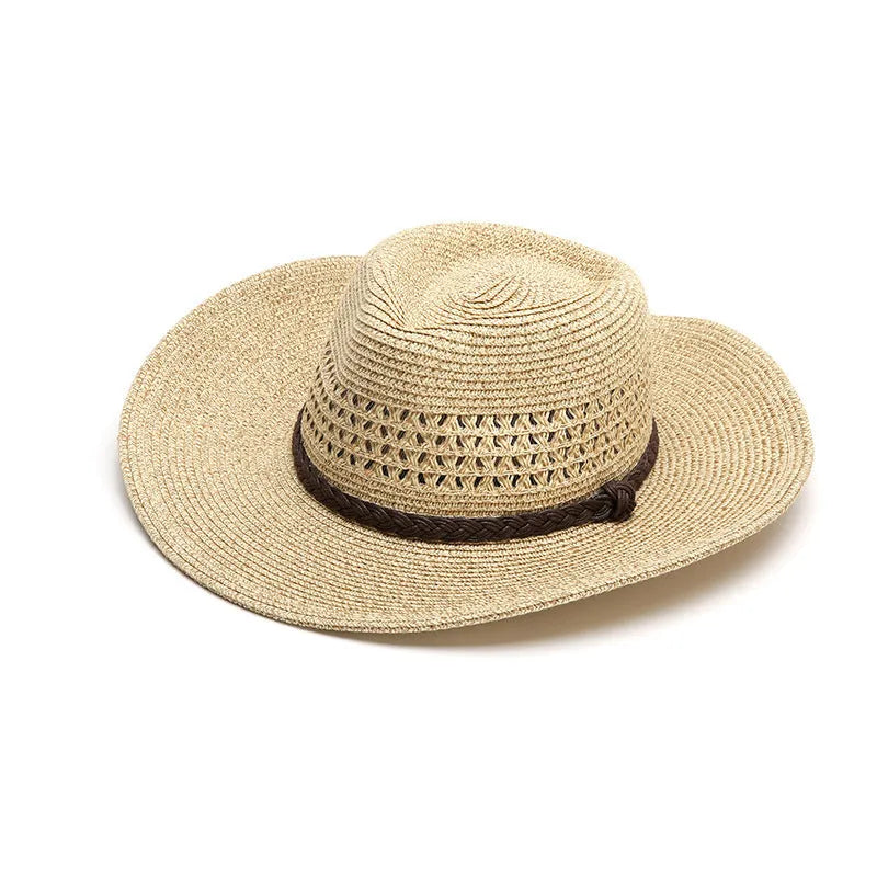 Man's foldable big brim straw sun hat in beige, shown flat and folded, with size tags for 58cm, 60cm, and 62cm.