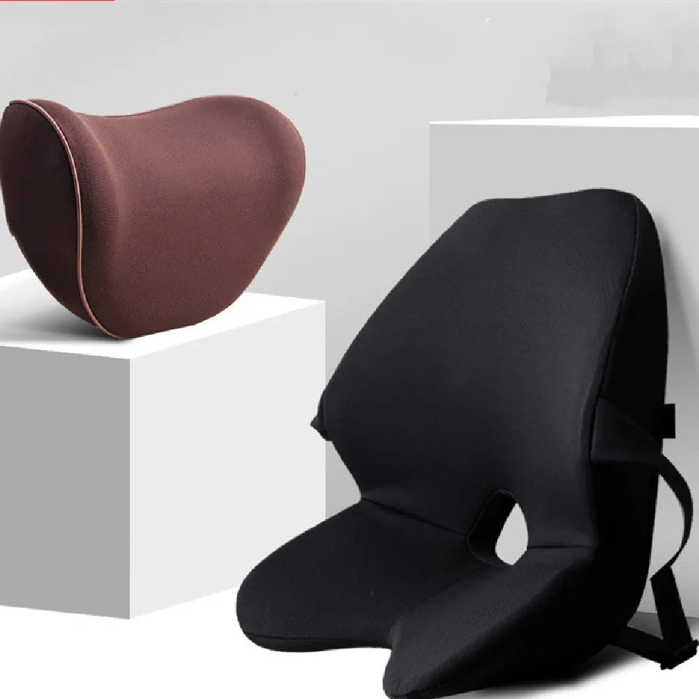 Memory cotton car waist support cushion in a neutral colour on a car seat