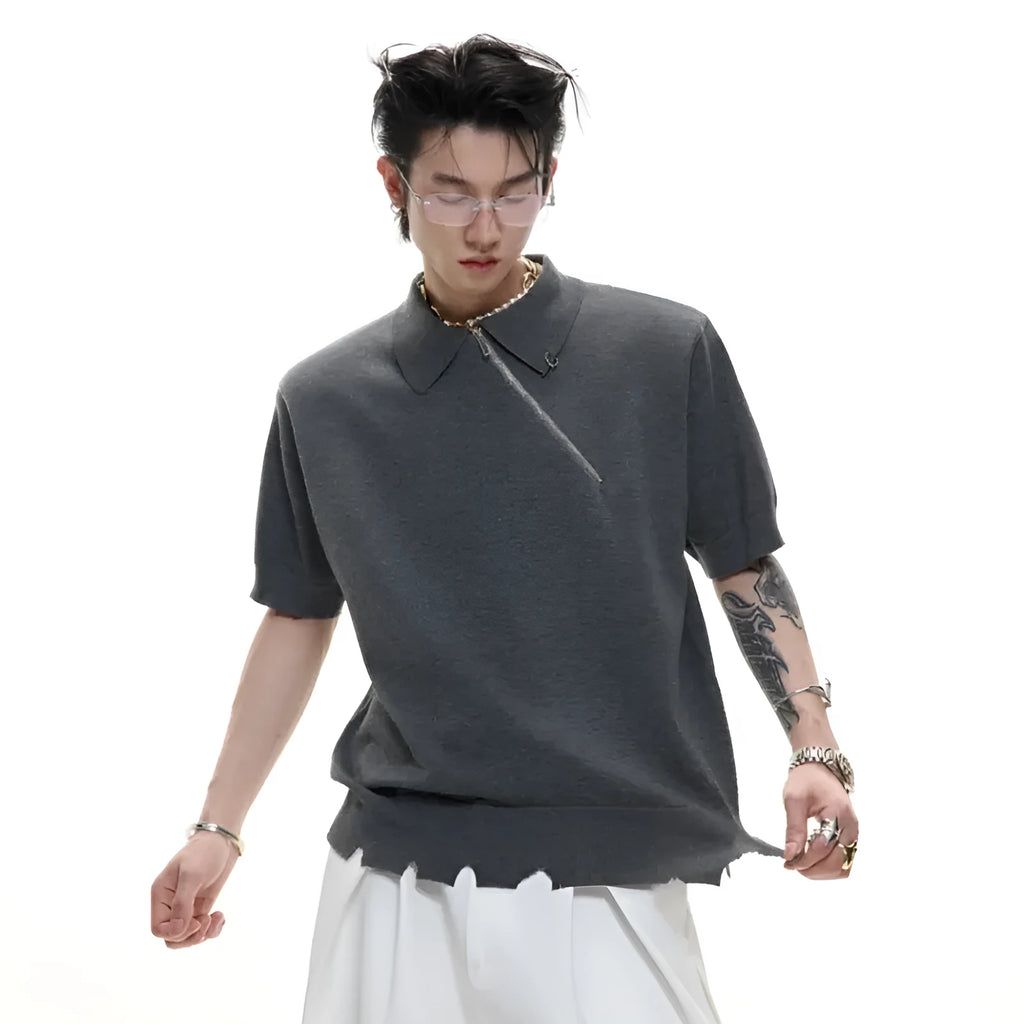 Men's slim-fit knitted polo shirt with an oblique zip in black, grey, or white.