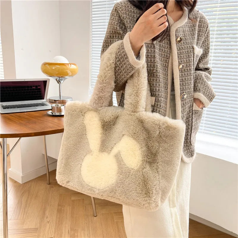 Plush cartoon rabbit ears shoulder bag in solid colour with large capacity