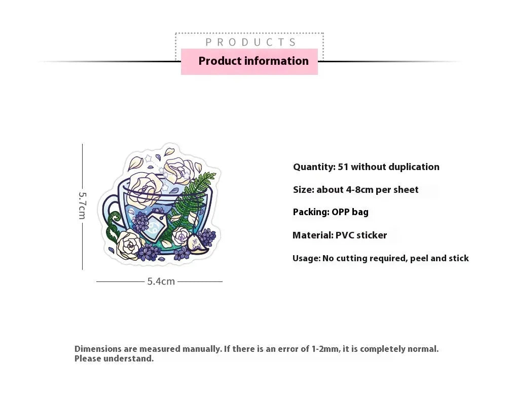 Pack of colourful tea cup graffiti design waterproof stickers for DIY projects on sports equipment.