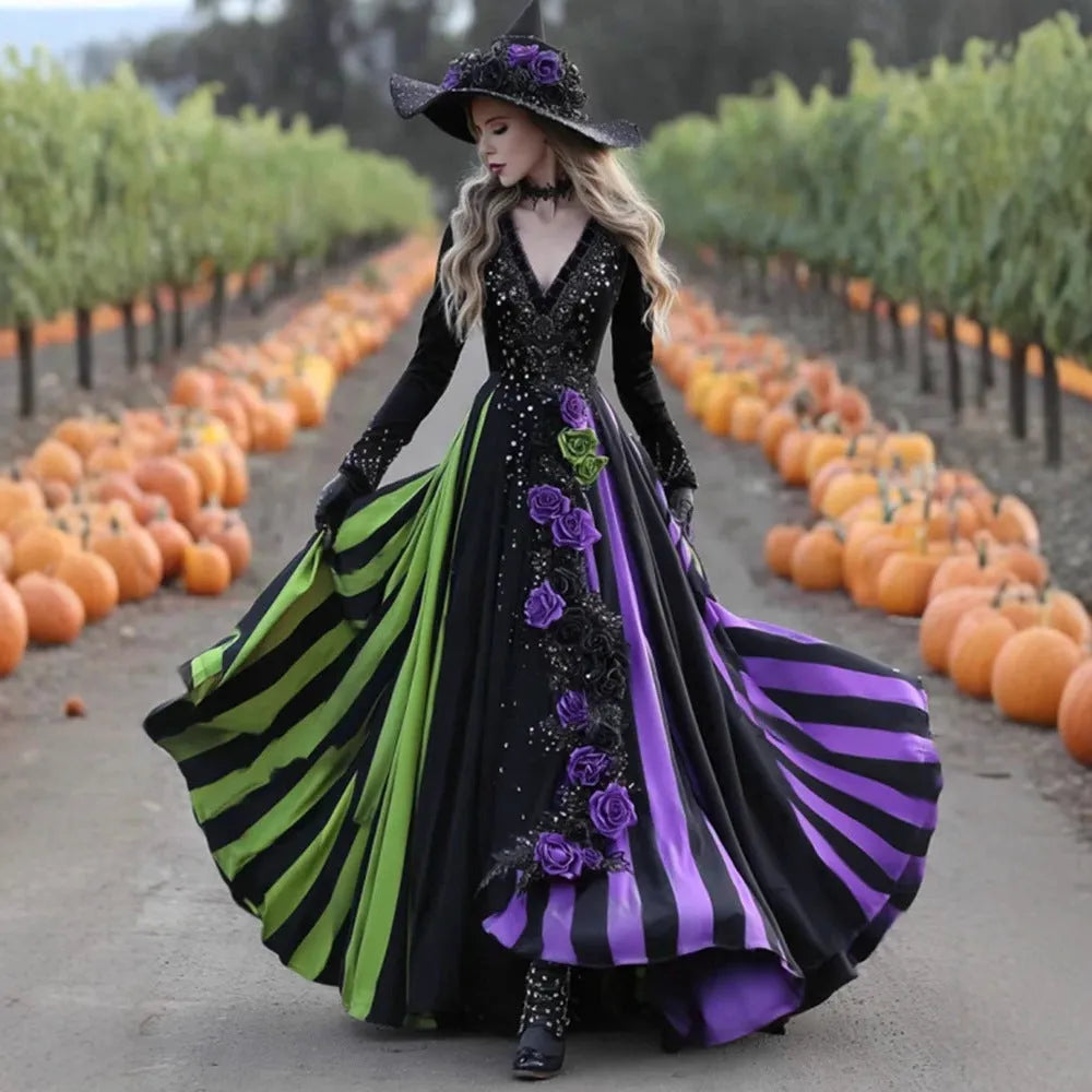 V-neck Long Sleeve Dress Large Swing Dress with High Waist Asymmetric Skirt in Green Purple Patchwork Halloween Dress in Polyester Sizes S to 5XL for Casual Street Fashion Women's Clothing
