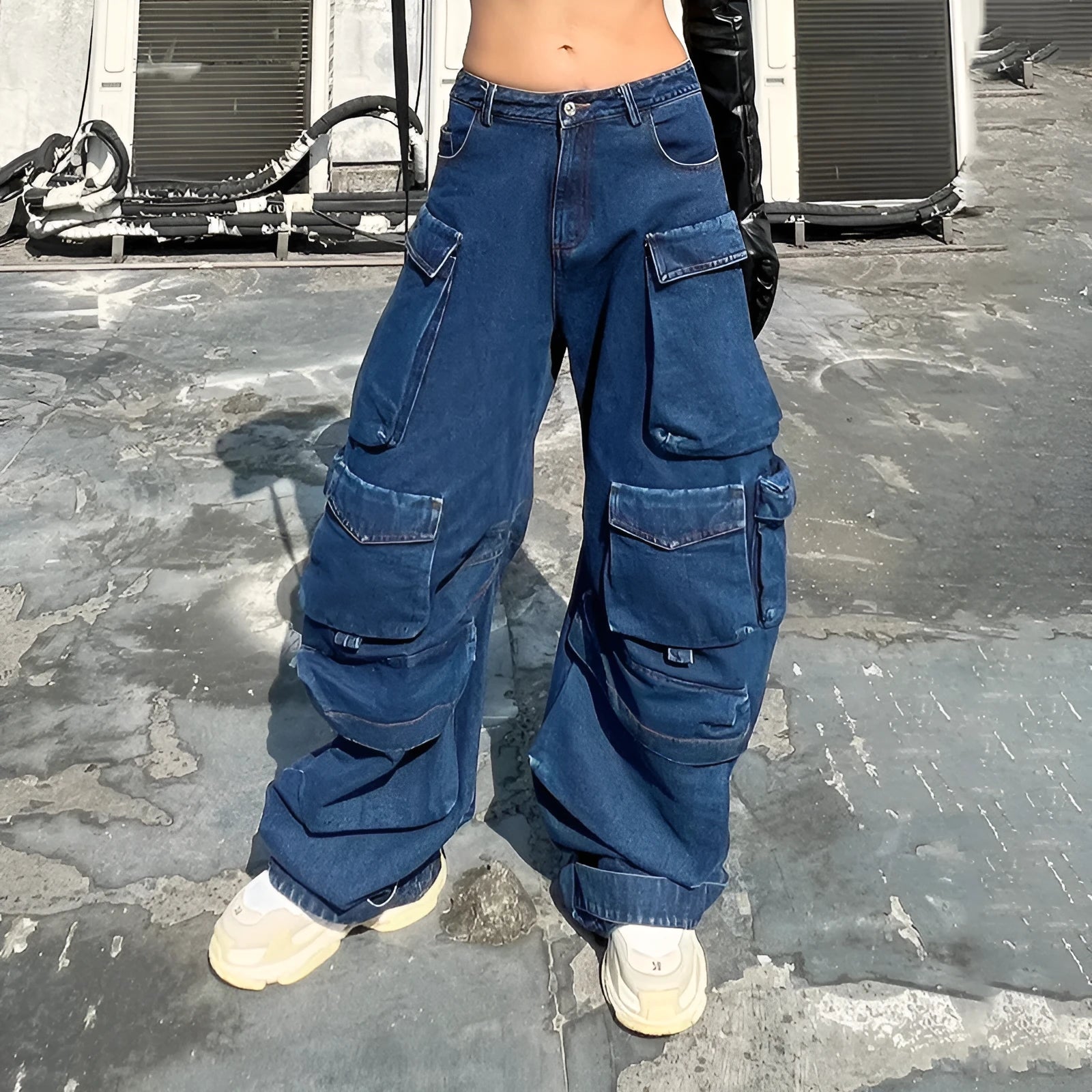 Dark blue distressed wide-leg jeans with multiple pockets and high waist design