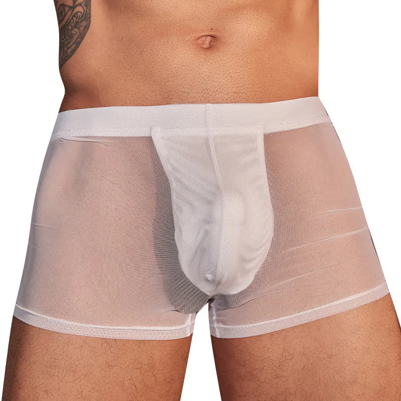 Men's black and white ultra-thin nylon boxer briefs showing free size label and breathable construction