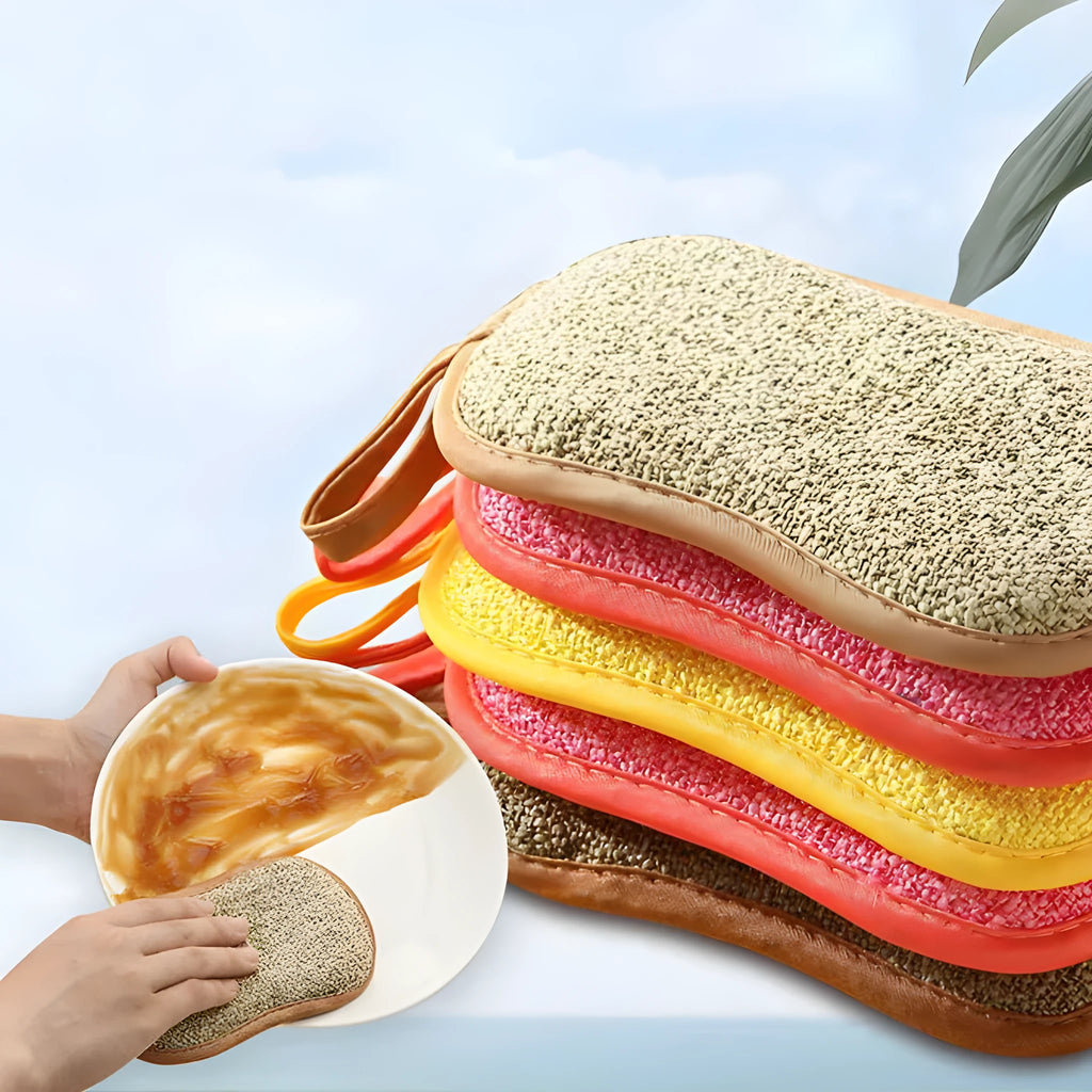 Double-sided blue kitchen cleaning sponge with microfiber texture for scrubbing pots and pans