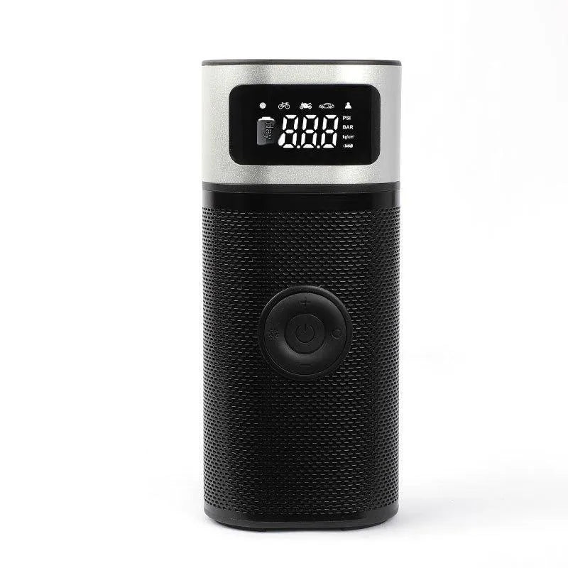Black portable wireless car air pump with USB charging cable, 15cm tube and multiple nozzles for bicycles, balls and swimming rings