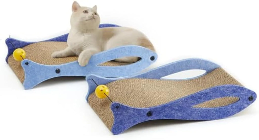 Blue fish-shaped corrugated cardboard cat scratcher lounge with bell ball toy attached.
