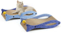 Blue fish-shaped corrugated cardboard cat scratcher lounge with bell ball toy attached.