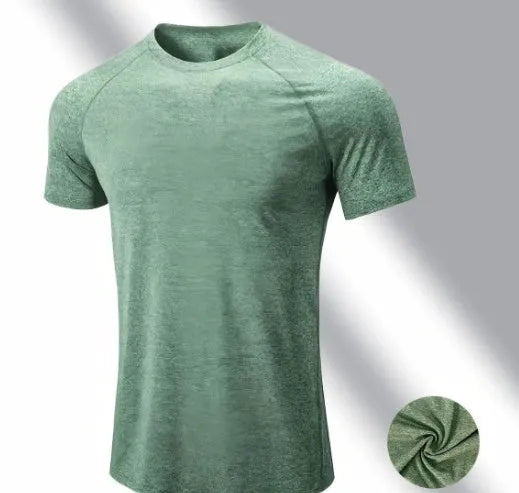 Men's black short sleeve casual T-shirt made from quick-dry polyester fabric on a hanger.
