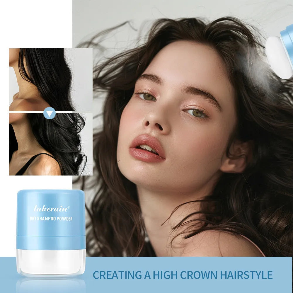 Hair dry cleaning powder kit with 5g content, applicator sponge, and headband mirror in blue packaging