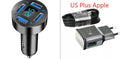 Black four-port USB car charger with LED digital display for 12V and 24V vehicles.