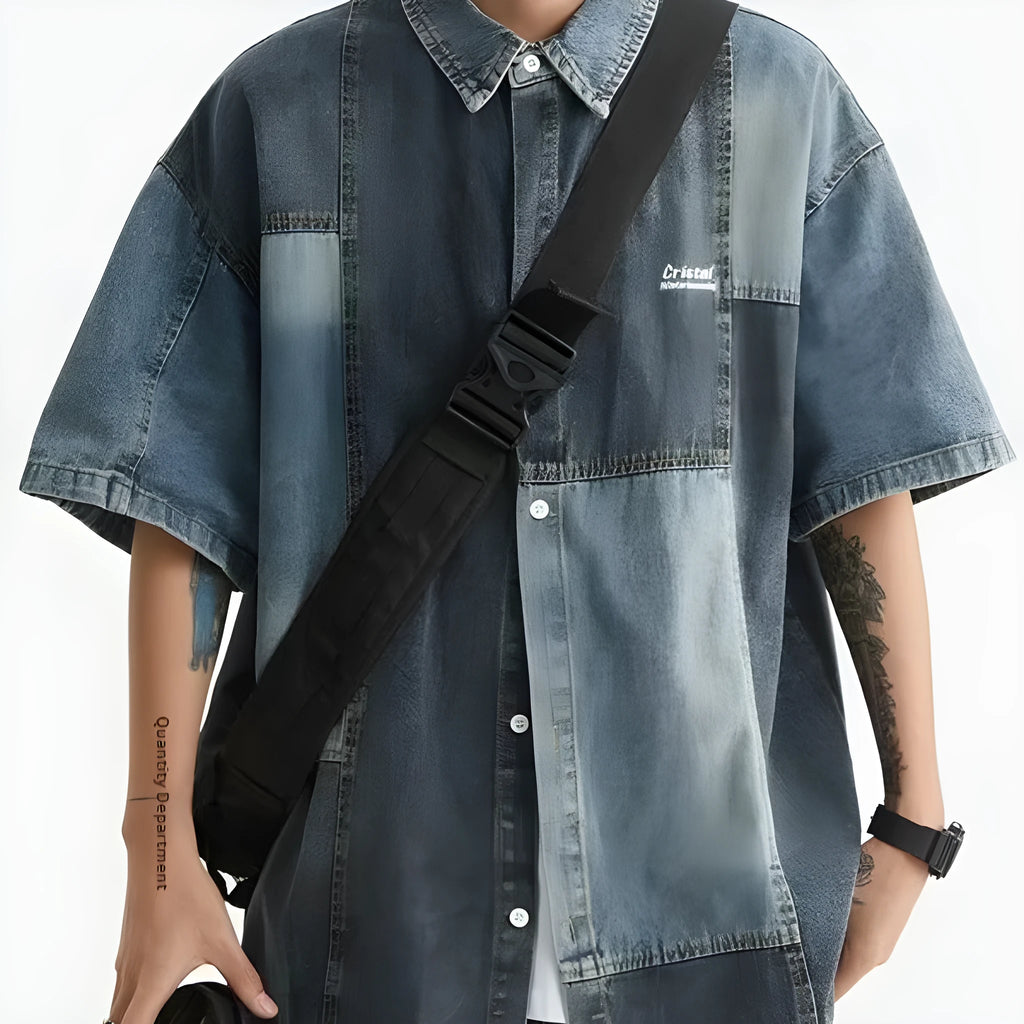 Men's blue Japanese-style retro washed denim shirt with loose cardigan fit and classic stitching detail