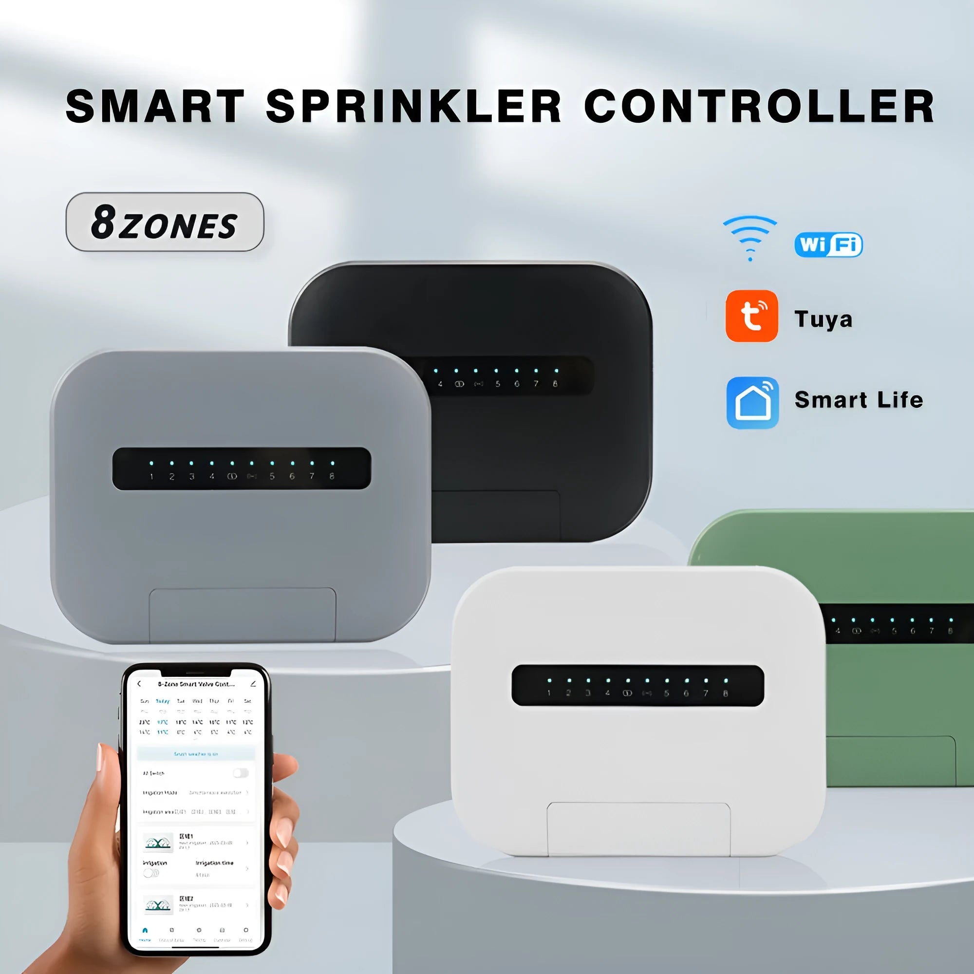 8-way smart water valve irrigation controller with wireless bridge, available in white green gray and black for EU garden use